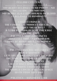 Flyer for the performance "politics + business = no"